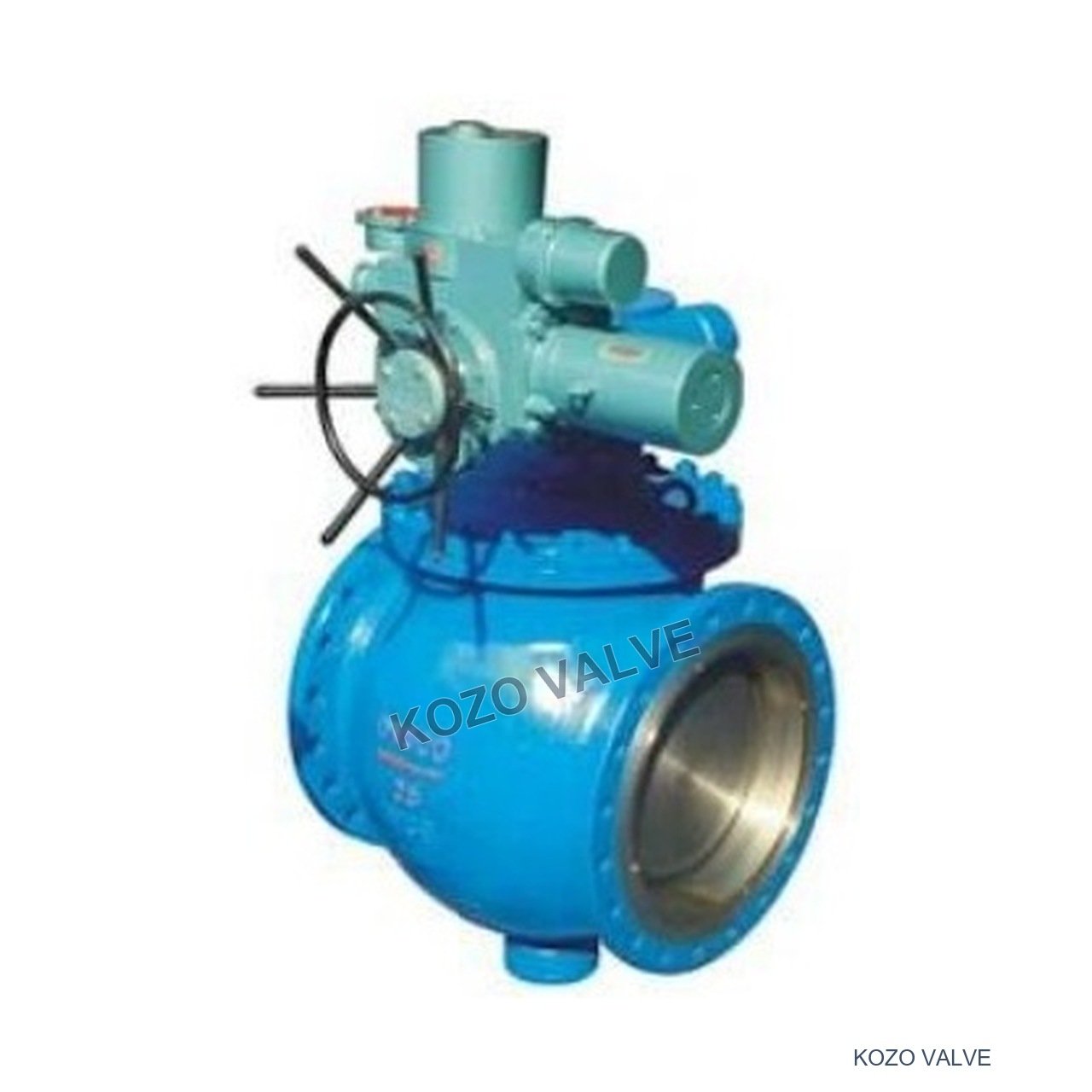Original KOZO katalog elektrisk toppingång excentrisk semi-kulventil serie fotografi med KOZO VALVE vattenstämpel Original KOZO catalog electric top-entry eccentric semi-ball valve series photograph with KOZO VALVE watermark - not a material-specific configuration